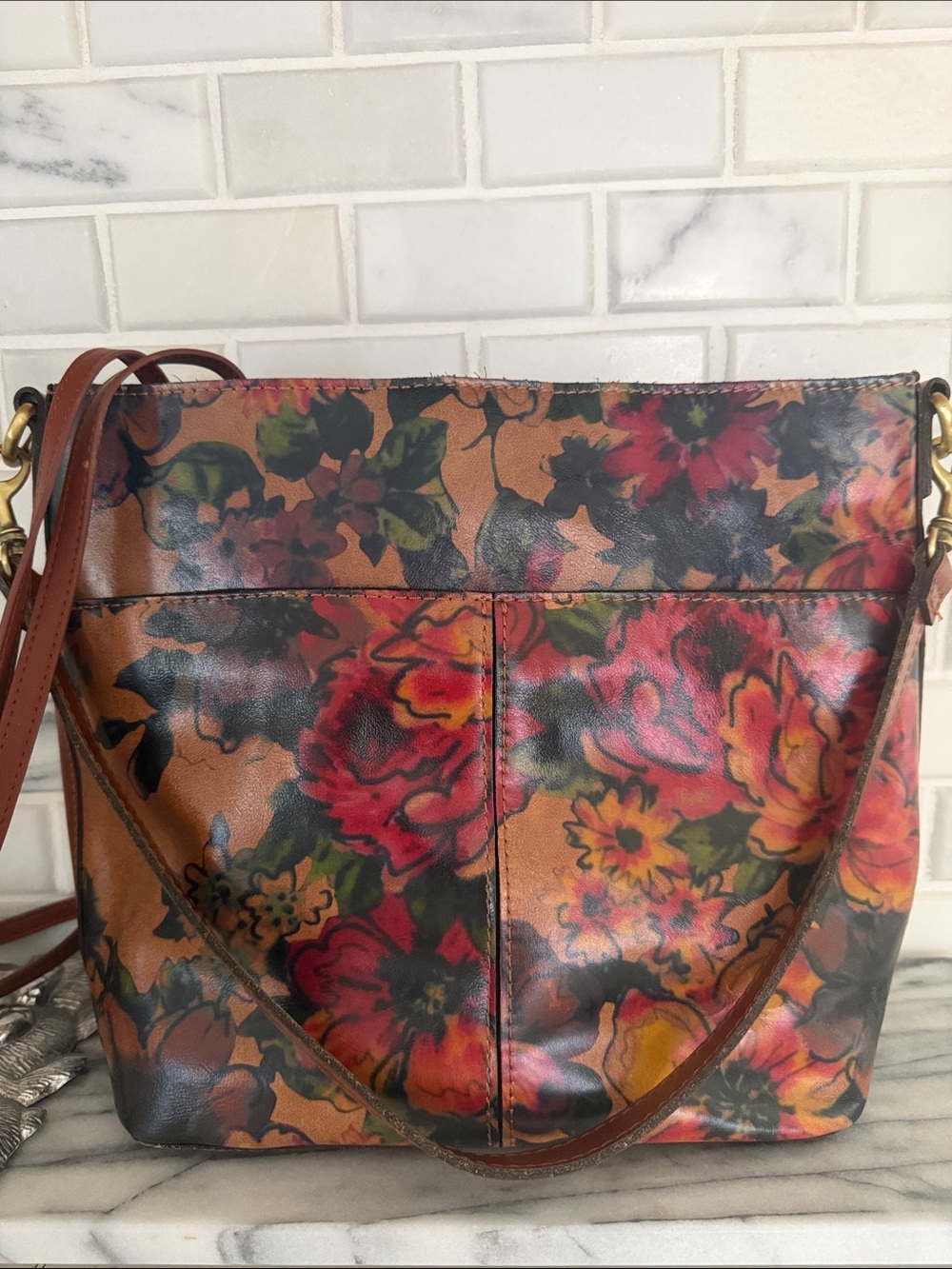 Patricia Nash Leather Floral Shoulder Crossbody Bag in Brown and Red